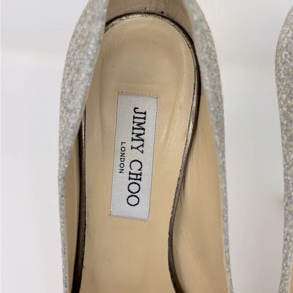 Jimmy Choo Crown Glitter Fabric Champagne Peep Toe Pumps Heels Size 38 - Picture 4 of 12